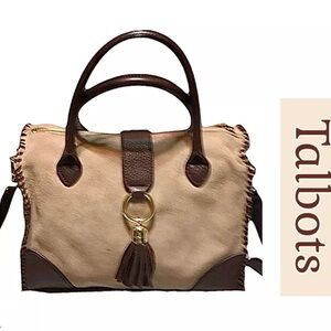 NWT Talbot’s Suede And Leather Equestrian Bag Natural with Brown Leather Trim